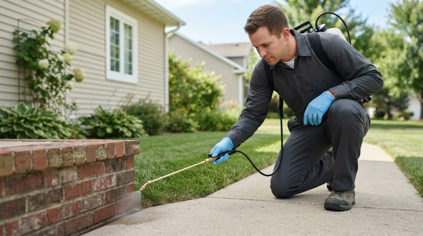 Pest control technician treating a home near North Andover, MA